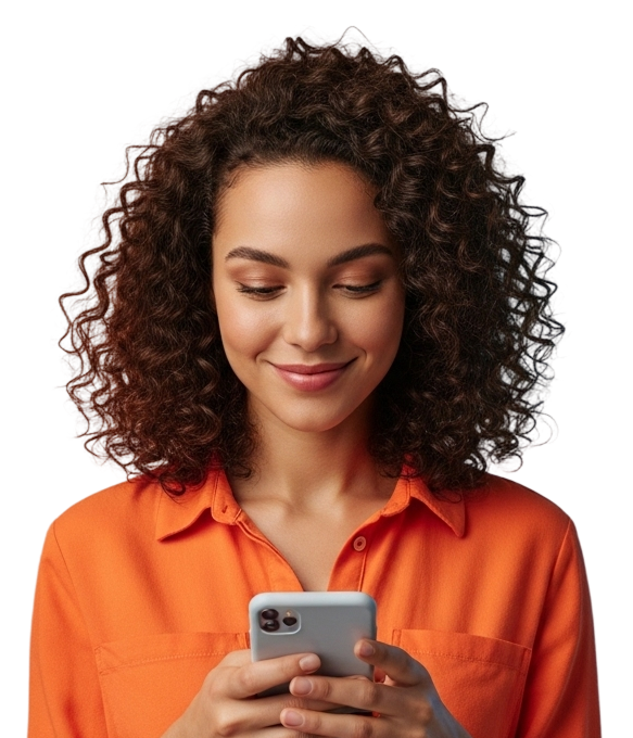 Mulher com fones de ouvido e celular